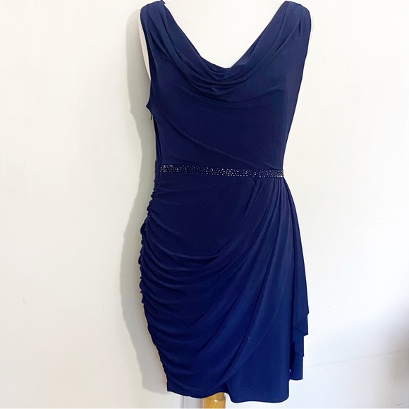 Jessica Howard Sleeveless Draped Ruched Knee Length Beaded Waist Navy Dress 8 - Picture 1 of 7